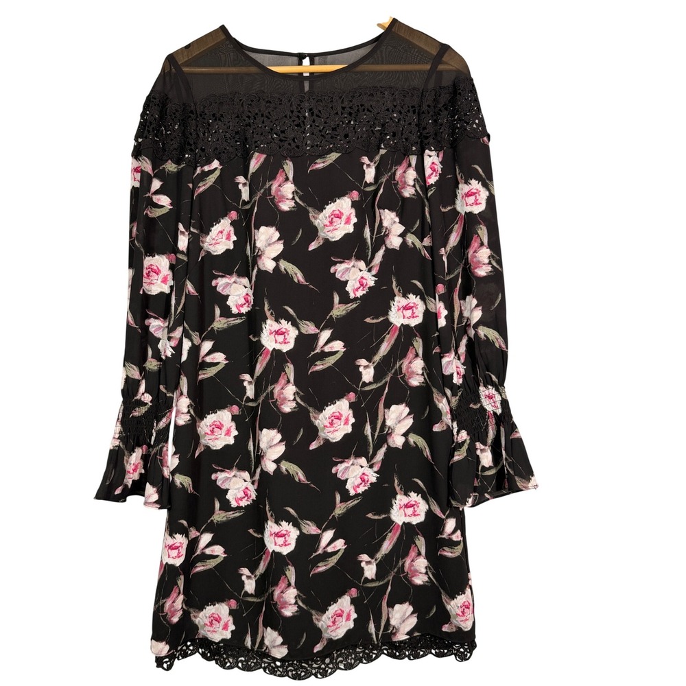 Black Floral Rose Shift Dress Mesh Lace Trim Smocked Bell Sleeve Mini